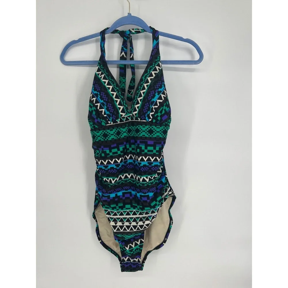 Merona One‎ Piece Swimsuit Halter Geometric Print Swimwear L